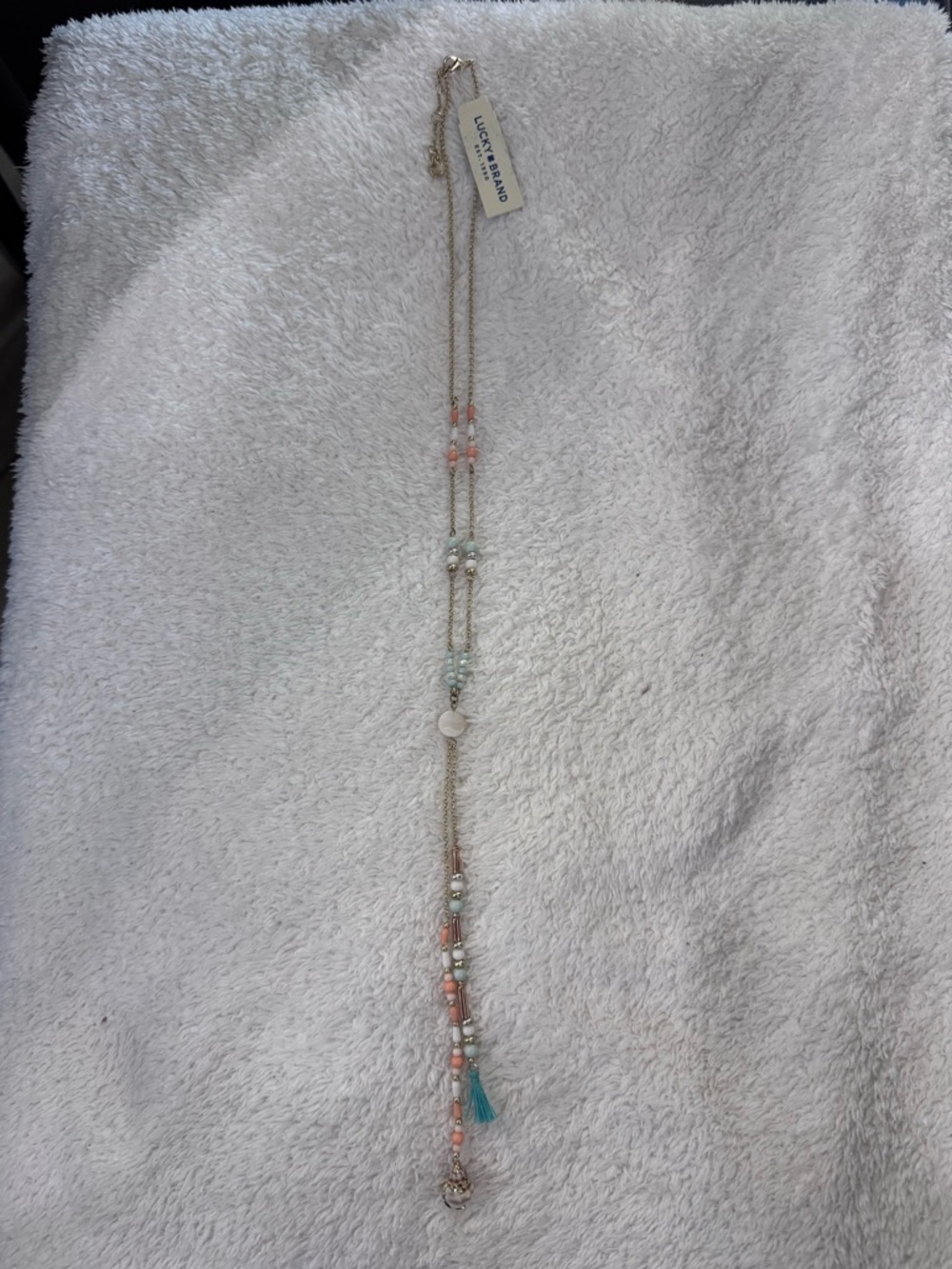 Lucky Brand Multi-Bead Long Gold Tone Necklace in Coral and Aqua NWT